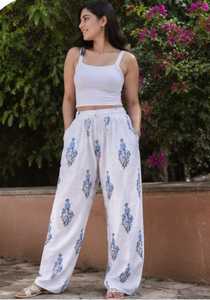 Trending Ladies <b>White</b> Blue Floral <b>Print</b> Cotton Trousers High Waist Loose Fit Wide Leg <b>Palazzo</b> Pants Summer Casual Loungewear - Product Image 4