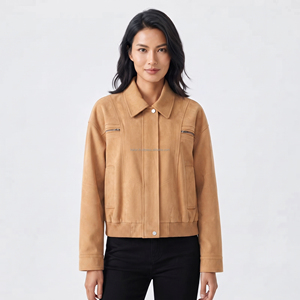 Women's Olive Green <b>Suede</b> Utility <b>Jacket</b> With Turn-Down Collar And Zipper Pockets Autumn Style - Product Image 5
