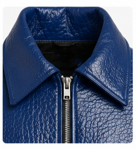 Veste en cuir bleue pour homme, col rabattu, fermeture éclair - Product Image 3