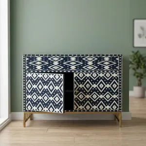 Buffet en bois à motif géométrique moderne, console de rangement décorative avec deux portes et pieds en laiton pour salon et chambre à coucher - Product Image 3