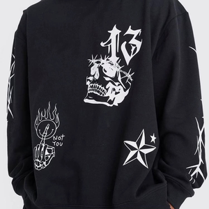 Chándal negro con capucha para hombre, con estampado de calavera y estrellas, ropa de calle de manga larga, corte holgado, para otoño, con bolsillos laterales - Product Image 6