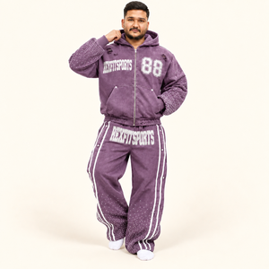 REXFITSPORTS Nouvel ensemble deux pièces streetwear pour homme : sweat à capuche zippé violet personnalisé avec strass et pantalon large - Product Image 3