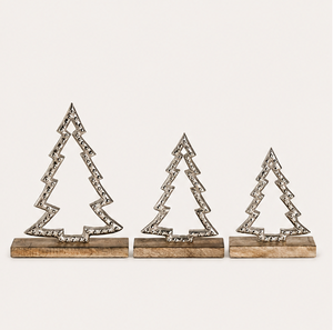 Elegant Set Of 3 Minimalist Cutout Metal Xmas <b>Trees</b> Sculpture Natural Wooden Stand Silver Hammered Finish Christmas Centerpiece - Product Image 3