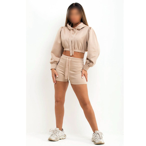 Conjunto de 2 Piezas para Mujer, Color Beige, Top Corto con Capucha y Lazo, Manga Larga, Casual, Primavera-Verano, Tejido de Punto, Spandex, Poliéster, Color Sólido - Product Image 4