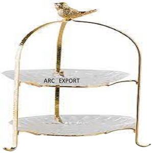 Support à gâteau en métal doré à 2 niveaux pour la conception d'oiseaux Support à gâteau décoratif élégant pour mariage Couleur or et argent poli miroir - Product Image 1