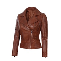 Chaqueta Corta de Cuero 100% Genuino para Mujer, Color Marrón, Tejida, Ecológica, Transpirable, de Secado Rápido, con Cierre de Cremallera, Moda al por Mayor