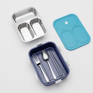 Boîte à lunch à 3 compartiments, étanche, en plastique bleu, avec couvercle hermétique et ustensiles, boîte à lunch portable, boîte à lunch de bureau - Product Image 2