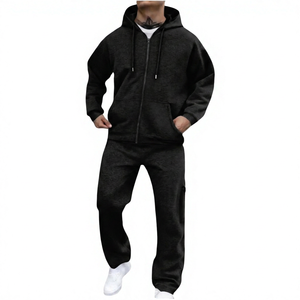 Ensemble de survêtement pour homme, noir, à capuche, fermeture éclair intégrale, couleur unie, sweat-shirt et pantalon décontractés, coupe classique, 100% coton, vêtements d'automne - Product Image 1