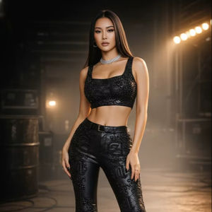 Pantalon évasé gothique punk pour femme, orné de perles, en similicuir, coupe cloche, respirant, style été - Product Image 1