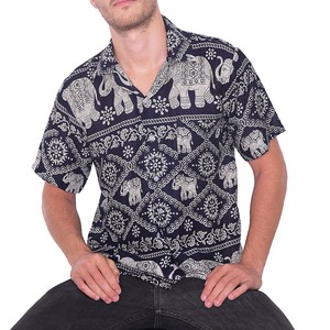 Chemise décontractée à manches courtes pour homme, bleu marine, imprimé éléphant, popeline respirante, col rabattu, style été - Product Image 1