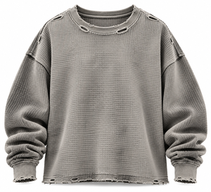 T-shirt Homme Vintage en Maille Gaufrée Délavée, Coupe Oversize, Col Rond, Manches Longues, Ourlet Effiloché, Style Décontracté Streetwear - Product Image 4