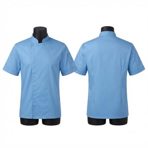 เสื้อเชฟยูนิเซ็กซ์ คุณภาพพรีเมียม ผ้าโพลีคอตตอนทอ 200 GSM สีฟ้าอ่อน แขนสั้น คอตั้ง พิมพ์ลายซิลค์สกรีน สำหรับชุดยูนิฟอร์ม - Product Image 1