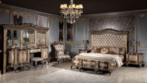 Luxury Solid Mahogany Wood Bedroom Set Royal Gold Carved King <b>Bed</b> with Grand Wardrobe, 2 Nightstands and Dressing <b>Table</b> Set - Product Image 6