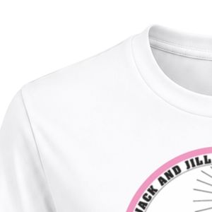 T-shirt blanc à col rond brodé avec écusson Jack & Jill, manches courtes, motif circulaire sur la poitrine, vêtement d'équipe léger personnalisé - Product Image 4