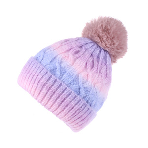 Gorro de punto de invierno con pompones de piel y efecto tie-dye para mujer y niña, gorro grueso de punto para mujer - Product Image 1