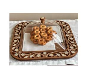 Bandeja árabe rectangular clásica de madera con incrustaciones de nácar, bandeja decorativa para servir en el hogar. - Product Image 2