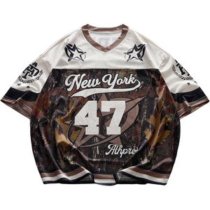 T-shirt en maille New York 47, col en V, manches courtes, imprimé camouflage, respirant, coupe ample, style streetwear unisexe - Product Image 1
