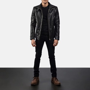 Men's Genuine Leather Moto <b>Jacket</b> <b>Slim</b> <b>Fit</b> Black Zipper Closure Stand Collar Regular Length Autumn Style - Product Image 5