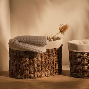 Oval Seagrass Small Storage <b>Baskets</b> With Cotton Liner Handcrafted Eco-Friendly Minimalist Design Multi-Purpose Organize - Product Image 1