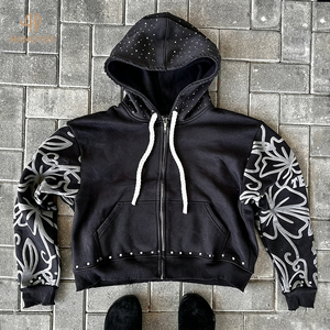 Custom French Cotton Woven Winter <b>Hoodie</b> Distressed 3D Printed Digital <b>Oversized</b> Acid Wash Boxy <b>Long</b> Hooded XL Size Rhinestone - Product Image 4