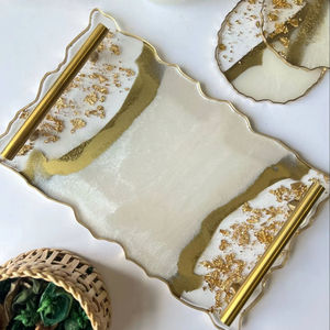Decorative Luxury Epoxy Resin Serving <b>Tray</b> <b>with</b> Gold Handle Custom Design for Home Dining Table Kitchen and Hospitality Service - Product Image 1
