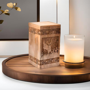 Rectangular Mango Wood Urn Indian Factory Production Urns with Deer Carved Pattern <b>for</b> Human Adult <b>Pet</b> <b>Ashes</b> USA Europe Memorial - Product Image 3