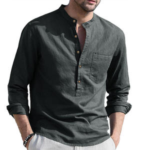 Camisa de Hombre de Verano, Transpirable, de Lino y Algodón, Satén, Informal, Antiarrugas, con un Solo Botón, Cuello Camisero, Manga Larga, Lisa - Product Image 1