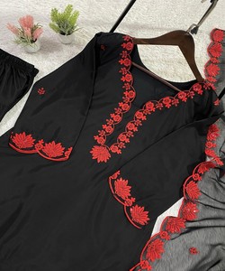 Conjunto de Top y Patiyala de Crepé de Seda con Bordado de Lentejuelas, Estilo Elegante, con Dupatta, Ropa Casual, Precio al por Mayor, Prenda Étnica, Rojo - Product Image 6