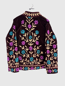 Floral Embroidered <b>Velvet</b> Jacket Mandarin Collar Full Sleeve Plus Size Women's Autumn Blouson Style - Product Image 2