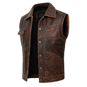 Veste sans manches rétro en cuir véritable pour homme, style vintage décontracté, respirante, avec fermeture éclair, pour l'hiver, grande taille, vêtement de travail court - Product Image 3