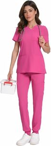 Conjunto de Uniforme Médico para Mujer, Color Rosa, Cuello en V, Manga Corta, Pantalones Jogger, Algodón y Poliéster, Tejido de Punto - Product Image 6