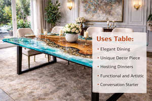 Table à manger artisanale en résine océanique, bois à bords naturels et design rivière en époxy bleu - Product Image 3