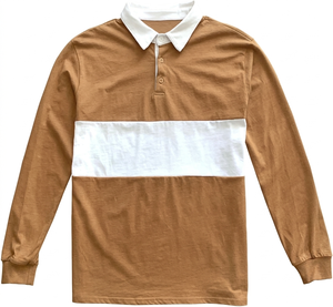 Polo homme personnalisé en gros, marron clair et blanc, à manches longues, style rugby, en coton, respirant, streetwear - Product Image 1