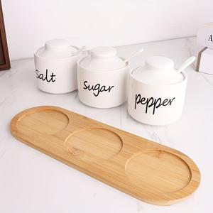 Ensemble de pots de rangement minimalistes pour cuisine avec couvercle, cuillère et plateau en bois – Organisateur élégant pour comptoir, idéal pour sucre, sel et poivre - Product Image 5