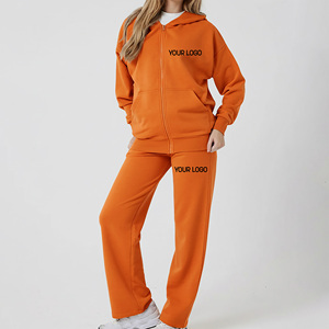 Conjunto de Sudadera con Capucha Naranja para Mujer Tallas Grandes 2026, de Forro Polar, Estilo Urbano, Ajuste Regular, Largo Completo, Color Sólido, con Logo Frontal, para Otoño - Product Image 1