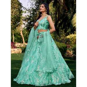 Magnifique Lehenga Choli en tulle à paillettes turquoise semi-cousu pour réception par Zeel Clothing - Product Image 6