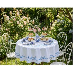 Mantel Bordado a Mano Personalizado al por Mayor, Moderno, de Algodón Blanco con Bonitas Flores Azules, Lavable, para Eventos en el Hogar, en Todas las Medidas - Product Image 1