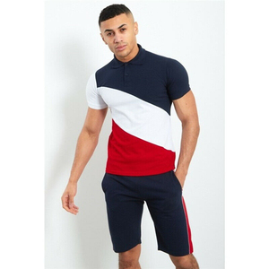 Top Trendy New Strip Style Men's Color Blocking <b>Polo</b> T-Shirt And Shorts Set Casual Breathable Knitted Summer Outfit Navy <b>White</b> - Product Image 2