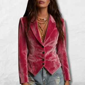Abrigo de terciopelo retro para mujer – Rosa bebé – Blazer de terciopelo - Product Image 1