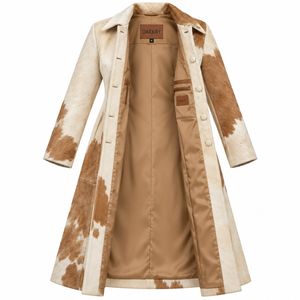 Manteau long en peau de vache tachetée ivoire, col à revers, boutons recouverts, sur mesure pour femme, fabriqué sur commande - Product Image 5