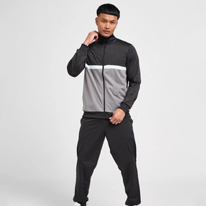 ชุดวอร์มผู้ชายสีดำและสีเทา เสื้อแจ็คเก็ตซิปมีแถบลาย กางเกงใส่สบายสำหรับเล่นกีฬาและสวมใส่ลำลอง โดย Marfa International - Product Image 1