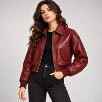 Blouson bomber court en cuir véritable bordeaux pour femme, style vintage, léger, avec fermeture éclair et poignets côtelés