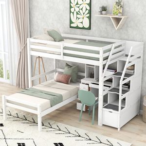 Letto a soppalco singolo bianco con letto indipendente, scala contenitore, scrivania, scaffali e cassetti - Product Image 1