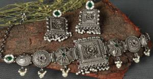 Two Tone Oxidized Silver Brass Choker <b>Necklace</b> <b>Set</b> with <b>Pearl</b> Drops & Jade Ethnic Floral Design Earrings for Women's Gift - Product Image 4