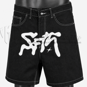 Custom Men's <b>Black</b> Denim Jorts with Graffiti Graphic Print | Baggy Knee Length <b>Jeans</b> <b>Shorts</b> Manufacturer - Product Image 6