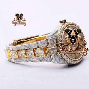 Brilliant Moissanite Analog <b>Wristwatch</b> with Sculpted Metallic Body, Detailed Face Markings, Integrated Link Construction - Product Image 1