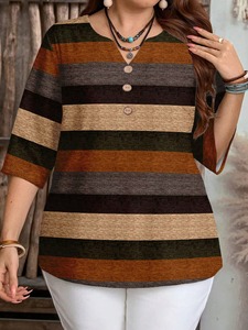 Camiseta Polo para Mujer, a Rayas, Manga Tres Cuartos, Tejida, Informal, Holgada, con Estampado Multicolor, Transpirable, de Poliéster - Product Image 4