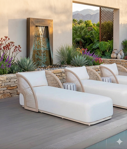 Chaise longue de luxe moderne en teck pour extérieur avec structure en corde, résistante aux UV, pour bord de piscine, mobilier de resort avec coussins - Product Image 3