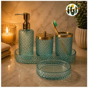 Luxury Round Gold Pump Glass <b>Bathroom</b> <b>Set</b> with Soap <b>Dispenser</b> Toothbrush Holder Storage & Organizer Tray - Product Image 1