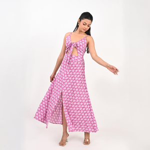 Pink Floral Print Maxi Dress Tie Neck <b>Spaghetti</b> Strap Sheath Silhouette Slit Front Breathable Cotton Summer Casual Wear - Product Image 4
